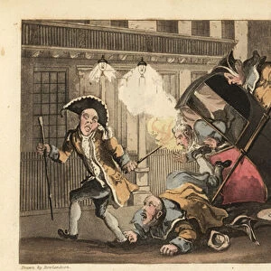 Johnny thrown out of a sedan chair when the porters crash over a pile of stones in the street. Night Watchmen with lanterns and rattles arrives. Handcoloured copperplate engraving by Thomas Rowlandson from William Combe