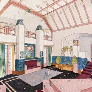 Jugendstil or early Modernist style living room (colour litho)