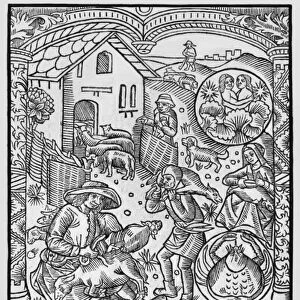 June, sheep shearing, Gemini, illustration from the Almanach des Bergers