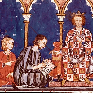 King Alfonso X the wise man assists a scribe. Detail of a miniature from the Book of