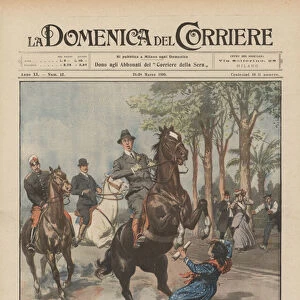 King Alfonso XIII rescues in Ceuta, with a quick move, a girl who fell under his horse... (colour litho)