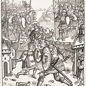 King Artus, protected by the Virgin, fighting a giant, from Military and Religious