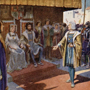 King Ferdinand and Queen Isabella receiving Columbus (colour litho)