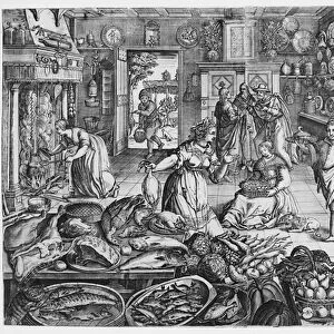 Kitchen scene in the early seventeenth century (engraving)