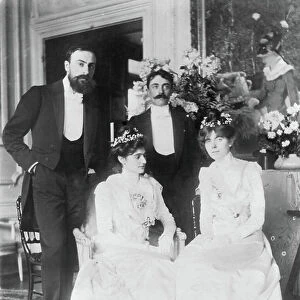 L-R: Ernest Rouart (1874-1942) and his wife Julie Manet (1878-1967), Paul Valery (1871-1945) and his wife Jeannie Gobillard (1877-1970), on the day of their marriage, May 1900 (b/w photo)
