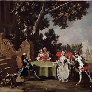 "La partie de cartes"Groupe de la noblesse italienne jouant aux cartes dans un jardin. Peinture de Filippo Falciatore (1718-1768) 18eme siecle Musee Pouchkine, Moscou