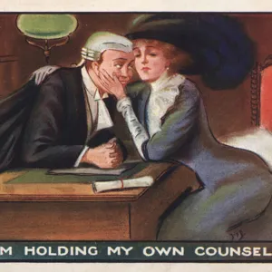 Lady embracing her lawyer (colour litho)