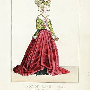 Lady of rank, reign of Henry V, England, 1420. Handcoloured lithograph from Thomas Hailes Lacy's " Female Costumes Historical, National and Dramatic in 200 Plates, " London, 1865