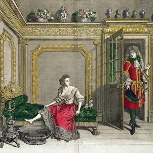 Lady undressing for the bath, published c. 1688-90 (coloured engraving)
