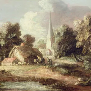 Landscape with a Church, Cottage, Villagers and Animals, c