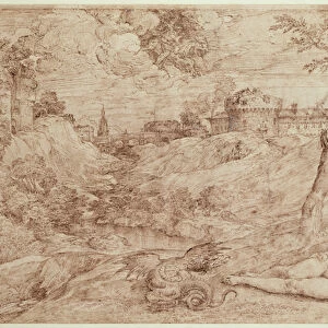 Landscape with a Dragon and a Nude Woman Sleeping (pen & ink and wash on paper)