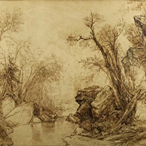 Landscape in sepia: Trees with Brook, 1854 (sepia oil on canvas)
