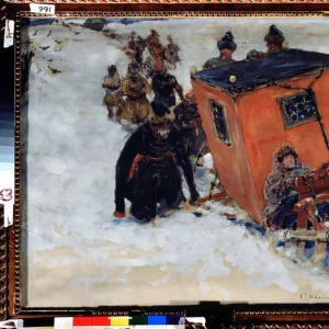 Le traineau ferme des boyards (boiard, boiar) (aristocrates russes) (The Boyars Closed Sleigh). Oeuvre de Sergei Vasilyevich Ivanov (1864-1910), huile sur papier, 1908, art russe fin 19e debut 20e siecle. State A