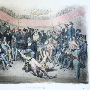 Les Lutteurs, Les differents publics de Paris, pl.12, 1854 (colour litho)