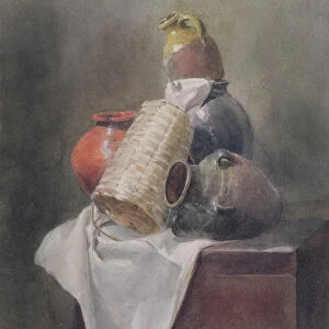 Still Life: Pots, Basket and Cloth on a Chest (w / c over graphite on paper)