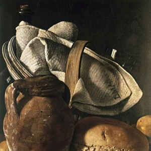 Still life of tea towel, jug and bread, 18th century (oil on canvas)