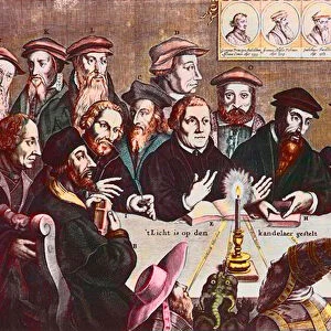 The light is placed on the candlestick - Engraving by Jan HOUWENS showing The reformers- John Calvin and Martin Luther Imaginary Meeting of Reformist Leaders: John Wyclif (or Wycliff or Wycliffe, 1330-1384), Jan Hus (or Jean Huss, 1371 - 1415)