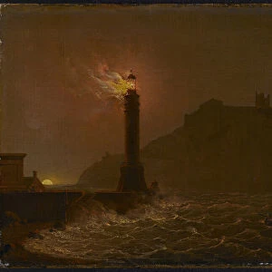 A Lighthouse on fire at night (oil on canvas)