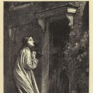 She lingered at the door before she gathered courage to knock (engraving)