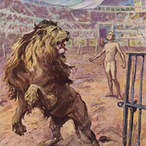 The lion... halted abruptly in the arena, raised itself half on end, uttered a baffled howl (colour litho)
