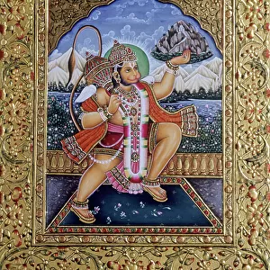 Lord Hanuman Miniature Painting on Paper with Gold Embroidery