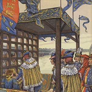 Louis XI of France and Edward IV of England meeting to sign the Treaty of Picquigny on either side of a wooden barrier, 1475 (colour litho)