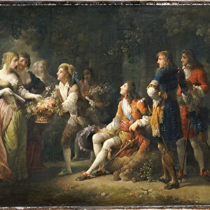 Louis XIV of France declaring his love for Louise de la Valliere (oil on canvas)
