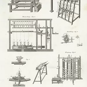 Machines for silk manufacture: reeling, winding, throwsting, doubling and warping, 18th century. Copperplate engraving by Wilson Lowry after an illustration by J. Farey from Abraham Rees " Cyclopedia or Universal Dictionary, " London, 1816