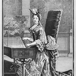 Mademoiselle de Mennetoud playing the harpsichord (engraving)