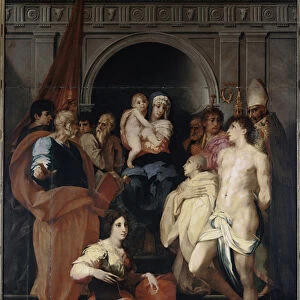 Madonna in throne has the child and saints (oil on canvas, 1522)