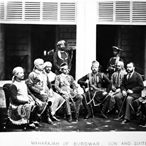Maharaja Mahtab Chand Bahadur with his Son and Suite, c. 1870s (b / w photo)