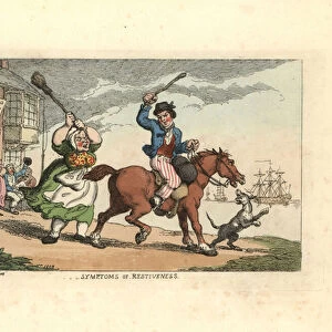 Man beating a stubborn horse with a cudgel, while the owner Wido