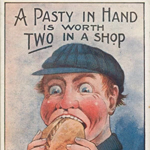 Man eating a Cornish pasty (colour litho)