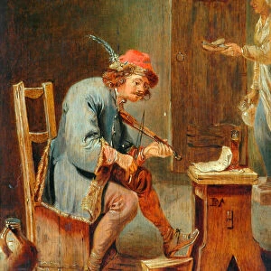 Man Playing a Fiddle, 1800-50 (oil on wood panel)