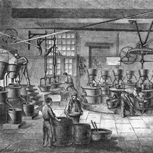 Manufacture of mustard and canned food at Louit freres in bordeaux. Engraving from 1865