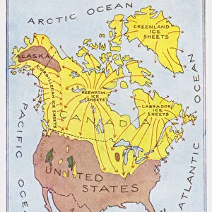 Map of the Ice Age in North America (colour litho)