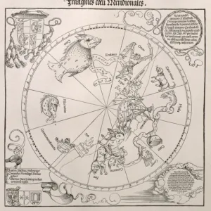 Map of the Southern Sky, with representations of constellations, decorated with the