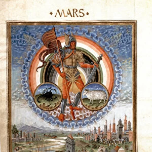 Mars with the zodiac signs of scorpion and belier. The battle scenes. (miniature, c. 1470)