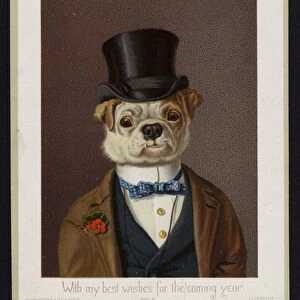 A Masher, Anthropomorphic dog, New Years Greeting Card (chromolitho)
