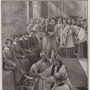 Maundy Thursday at Westminster Cathedral: Archbishop Bourne "washing the feet"(litho)