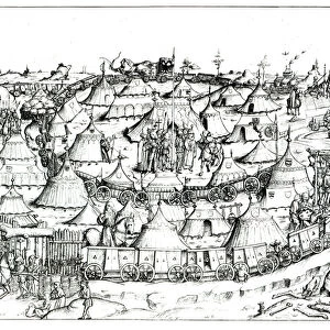 Medieval military encampment, from a book, pub. 1887 (engraving) (b / w photo)