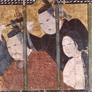 Two men and a woman behind an awning, detail from a screen, 15th-18th century (gouache