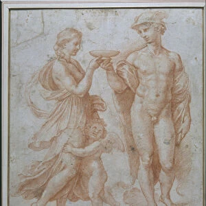 Mercury offers the Cup of Immortality to Psyche (red chalk on white paper)
