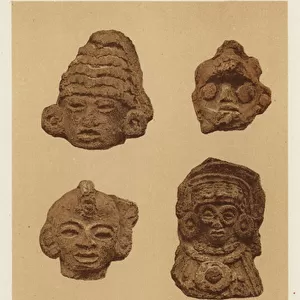 Mexico: Clay heads found in great quantities, on the sites of ancient Aztec cities (colour litho)