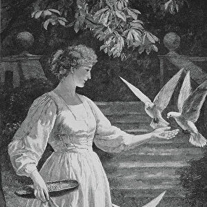 Morning Walk of Young Chatelaine, Woman Feeding Pigeons