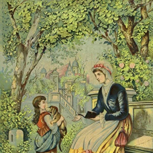 Mother playing with children and dogs (chromolitho)