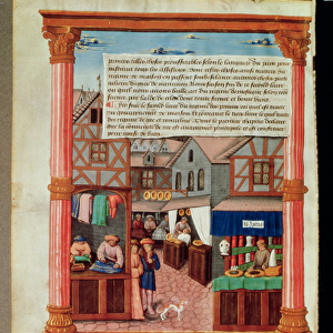Ms 5062 fol. 149v A street with shops and the coat of arms of Robert Stuart