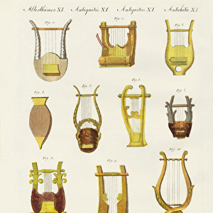 Musical instruments of the ancients -- lyres and zithers (coloured engraving)