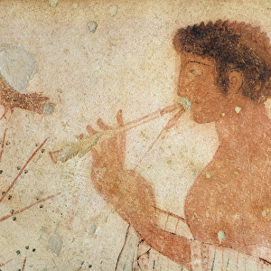 Detail of Musician playing a double flute, from the tomb of the triclinium, c.470 BC