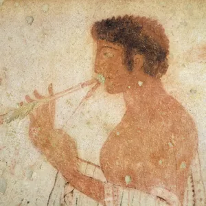 Detail of Musician playing a double flute, from the tomb of the triclinium, c.470 BC